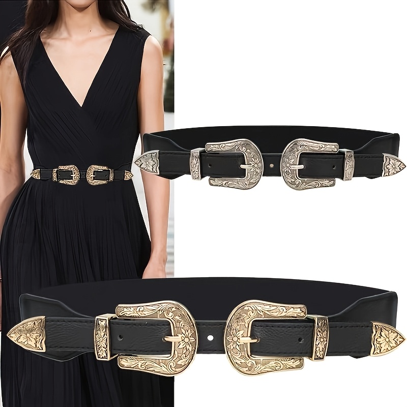 Vintage Carved Double Button Elastic Belt for Women